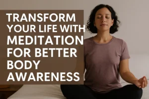 A woman practicing meditation for better body awareness, sitting cross-legged with eyes closed in a peaceful room, promoting calmness and body connection.