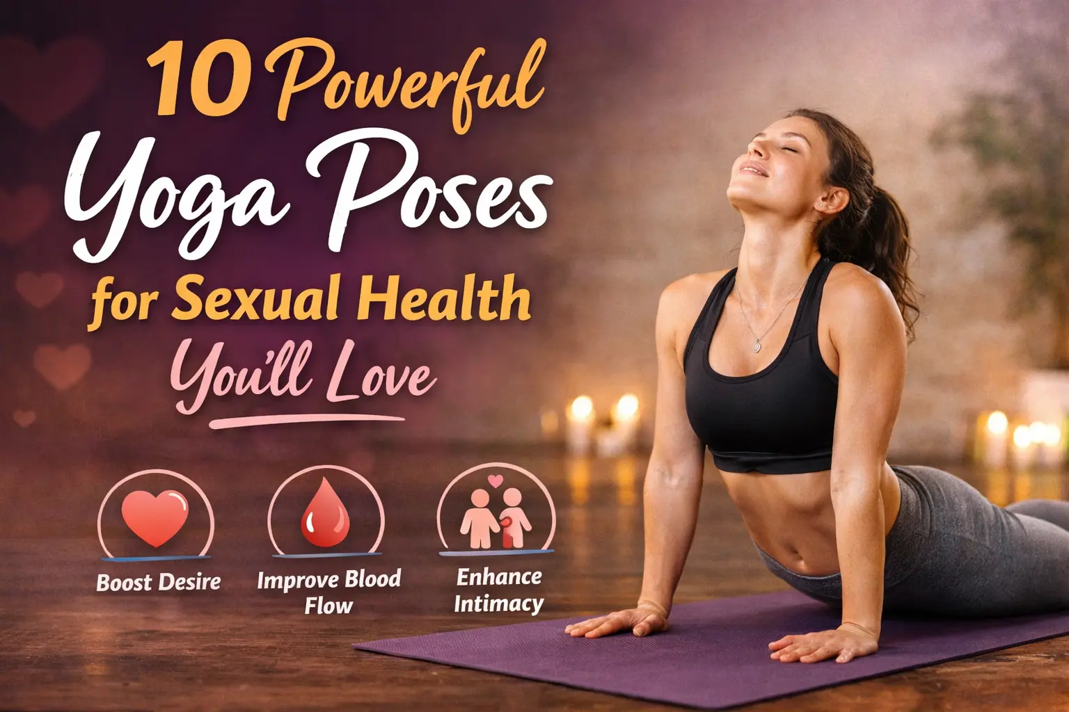 Woman practicing yoga poses for sexual health to improve intimacy, blood flow, and body awareness