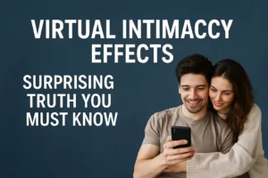 Couple smiling at a phone while exploring virtual intimacy effects in a modern digital relationship