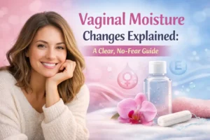 Vaginal moisture changes explained with a calm, educational visual showing feminine wellness, natural lubrication support, and vaginal health awareness