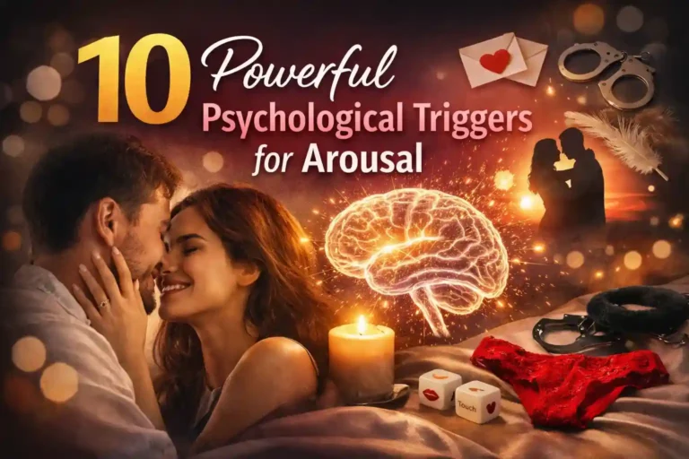 Feature image illustrating psychological triggers for arousal, showing a glowing brain symbolizing mental stimulation, a romantic couple, warm lighting, and elements representing emotional intimacy and desire.