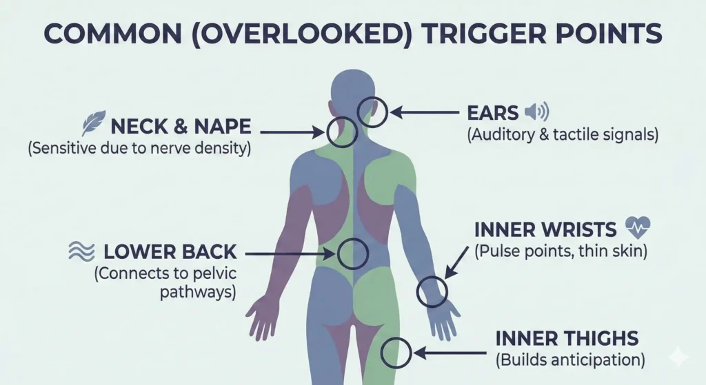 An educational infographic titled "COMMON (OVERLOOKED) TRIGGER POINTS." It features a stylized human body map highlighting five key erogenous zones often missed during intimacy: the Neck & Nape (noting high nerve density), Ears (auditory & tactile signals), Lower Back (connects to pelvic pathways), Inner Wrists (pulse points & thin skin), and Inner Thighs (builds anticipation).