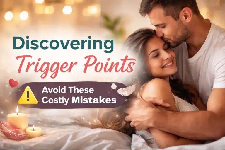 Romantic couple embracing in bed with text “Discovering Trigger Points – Avoid These Costly Mistakes” representing intimacy and pleasure exploration.