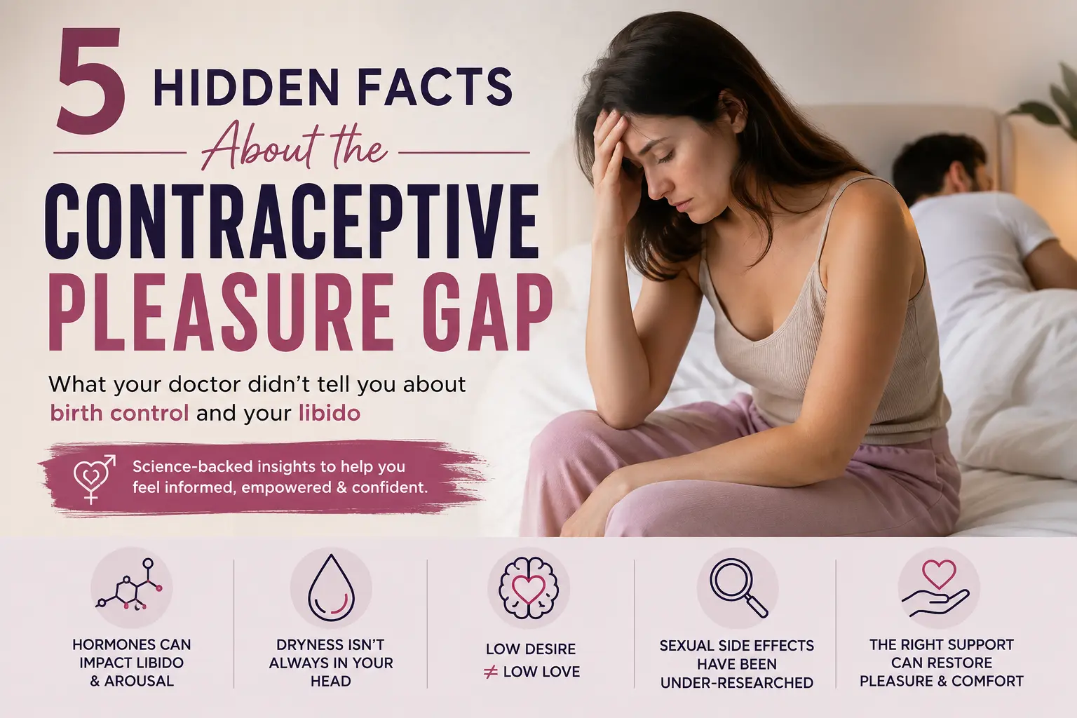 Feature image for contraceptive pleasure gap article showing a woman experiencing birth control libido changes, vaginal dryness concerns, and science-backed sexual wellness insights