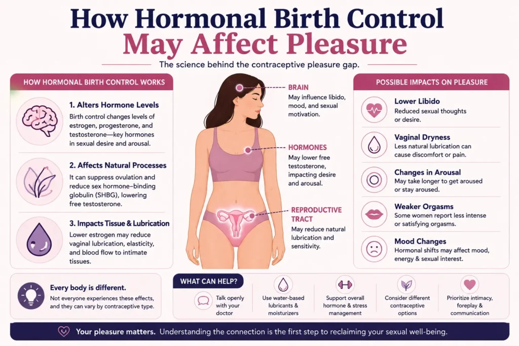 Educational infographic explaining how hormonal birth control may affect pleasure, including changes in libido, vaginal dryness, arousal response, orgasm intensity, and emotional intimacy
