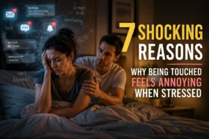 Stressed woman feeling overwhelmed by sensory overload while her partner reaches out for comfort, illustrating why being touched feels annoying when stressed.