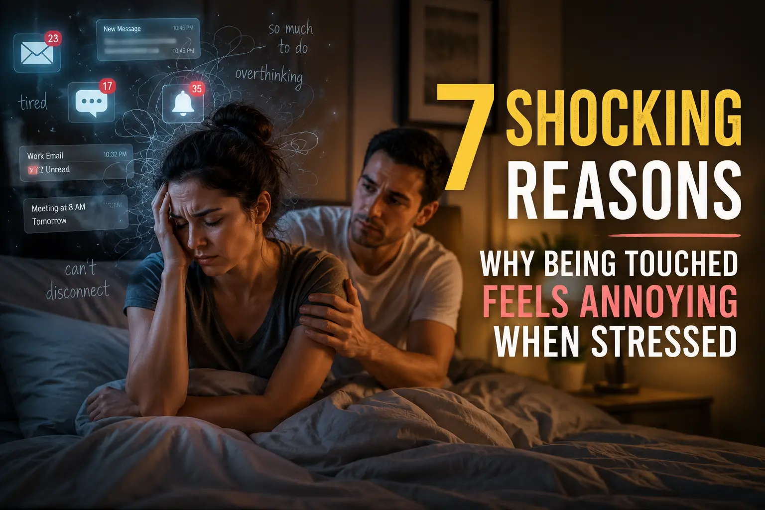 Stressed woman feeling overwhelmed by sensory overload while her partner reaches out for comfort, illustrating why being touched feels annoying when stressed.