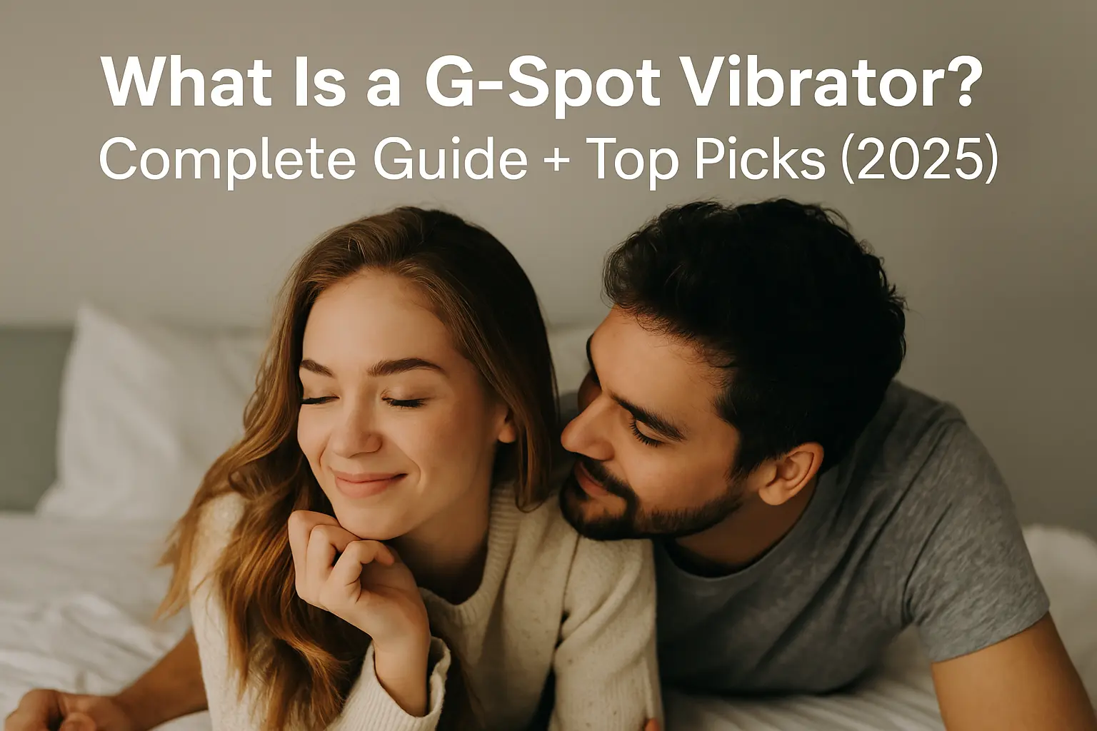 Happy couple cuddling on a bed, representing intimacy and comfort for a blog post titled “What Is a G-Spot Vibrator? Complete Guide + Top Picks (2025)”