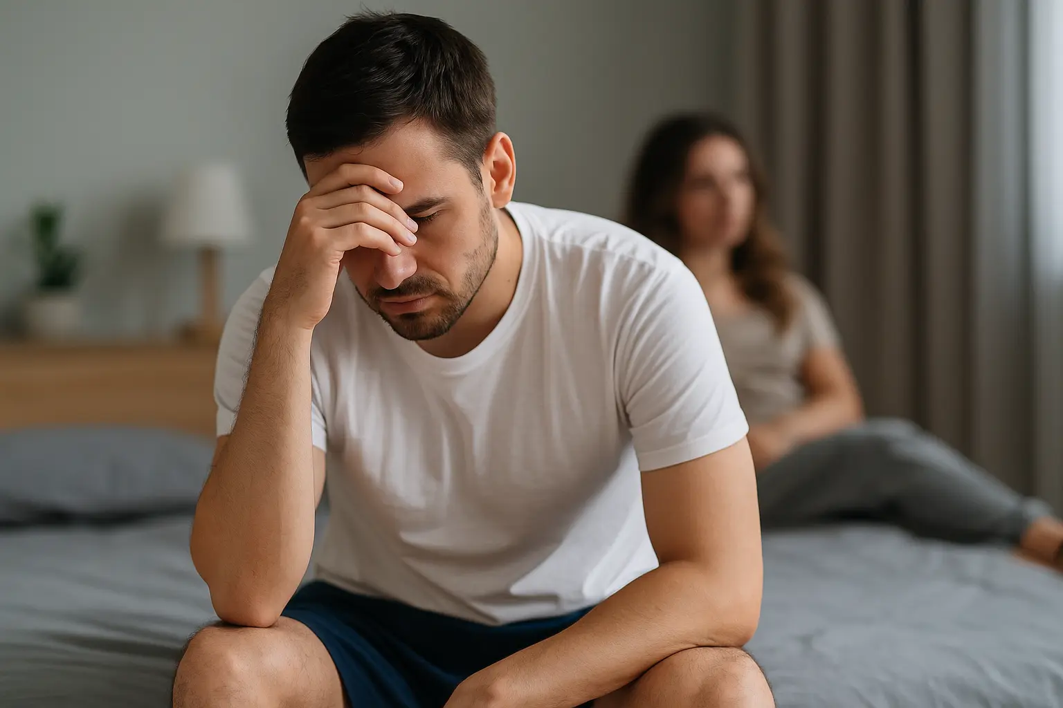 Worried man sitting on bed with partner, representing how to improve erection quality naturally at home through drug-free solutions.