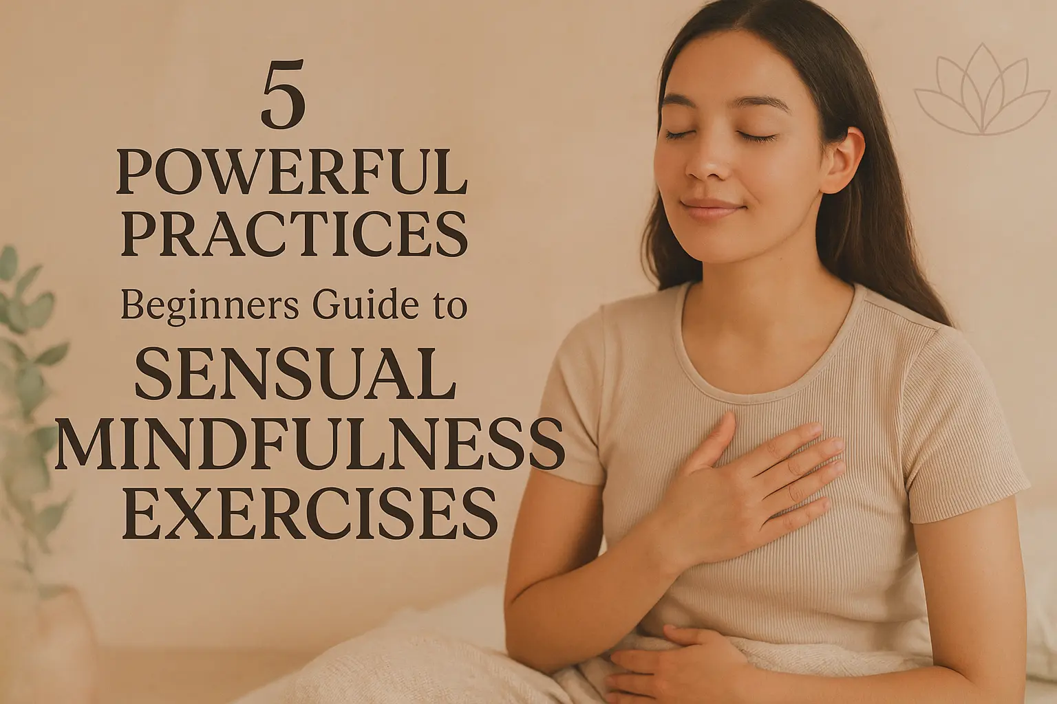 A calm, serene woman practicing mindfulness with hands on her chest and abdomen in soft natural light, representing the essence of the Beginners Guide to Sensual Mindfulness Exercises.