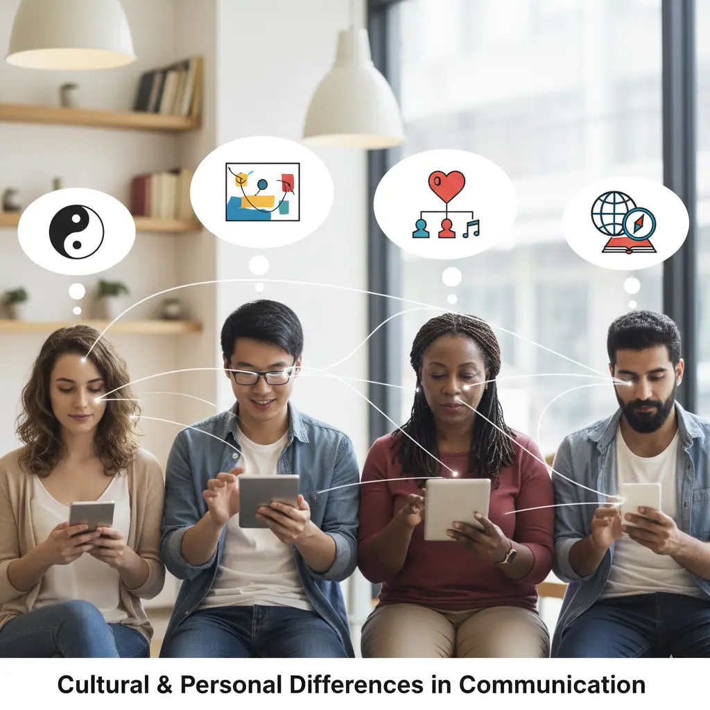 Four diverse individuals sitting side-by-side, each looking at a tablet or phone. Above their heads are thought bubbles containing various cultural and personal symbols, such as a Yin and Yang, abstract art, music notes with a heart, and a globe with a compass. The text "Cultural & Personal Differences in Communication" is at the bottom.