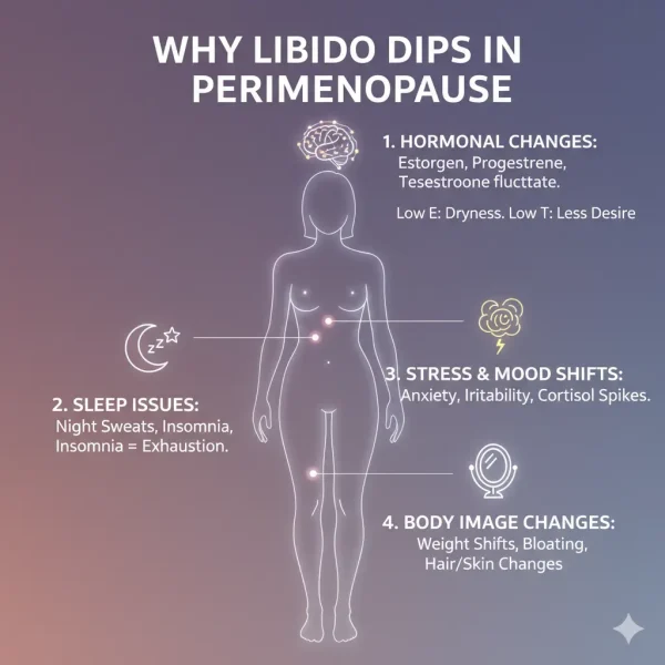 Why Libido Dips in Perimenopause An infographic outlining the four main reasons for a decrease in libido during perimenopause. A line-art female body is shown with icons and text pointing to different areas. The first point, 'Hormonal Changes,' points to the brain. The second, 'Sleep Issues,' points to the abdomen. The third, 'Stress & Mood Shifts,' points to the heart, and the fourth, 'Body Image Changes,' points to the hips/thighs. Each point has a brief description of its impact on sexual desire.